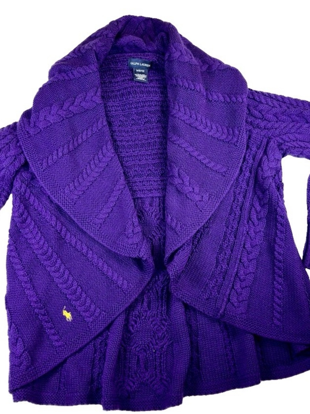 Ralph Lauren Girls Purple Cable Knit Circle Shawl Collar Cardigan Sweater Size M